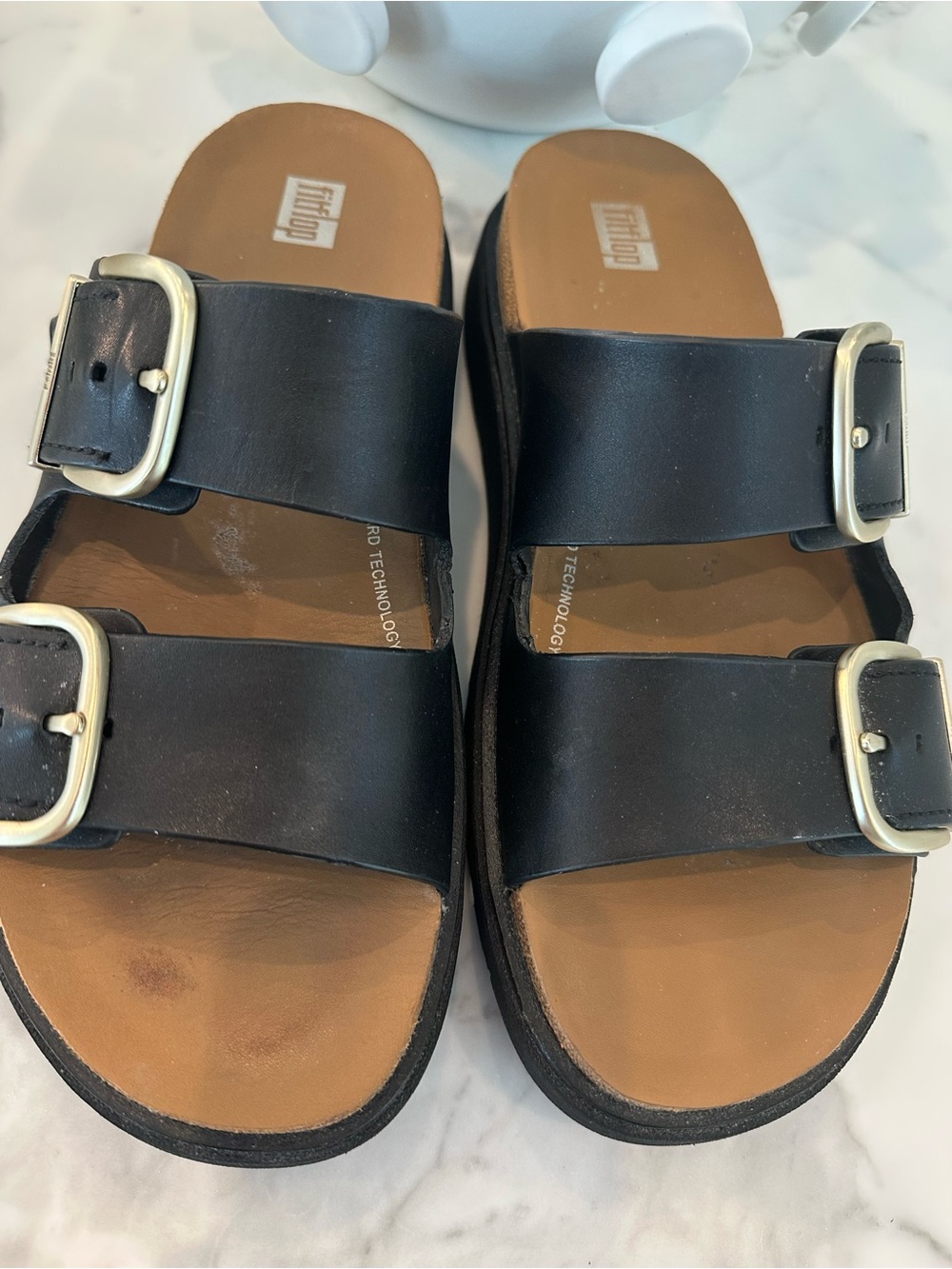 Fitflop Black Double-Buckle Slide Sandals with Tan Footbed